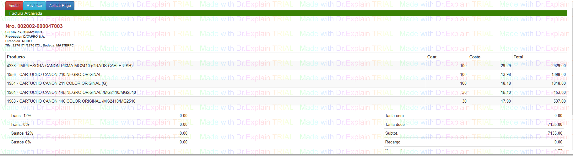 1. Ventana de acciones a listado de facturas de compra 